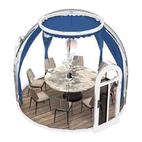 ​Casuta tip cupola DacEnergy©, realizata din policarbonat si aliaj aluminiu alb, banda luminoasa cu LED-uri, sistem de ventilare, plasa insecte, 3,6 x 2,8 m, draperie albastra - - Roveli