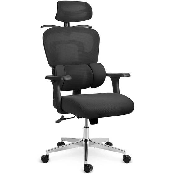 ​Scaun birou DacEnergy©, ergonomic, reglarea inaltimii, cotiere si tetiera reglabile, baza cromata rotativa, functia Multiblock si de leagan SoftSwing™, inaltimea 120-139 cm, negru - - Roveli