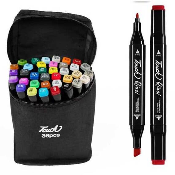 ​Set 36 markere duble DacEnergy©, cerneala pe baza de alcool, cu varf de 1 mm si 6 mm, cu geanta, nuante vibrante, intense, colorate - - Roveli