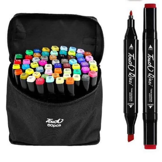​Set 60 markere duble DacEnergy©, cerneala pe baza de alcool, cu varf de 1 mm si 6 mm, cu geanta, nuante vibrante, intense, colorate - - Roveli