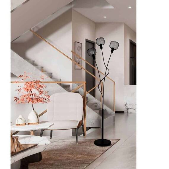 ​Lampadar, baza rotunda, usor curbata, trei abajururi rotunde din plasa neagra, 3 surse cu soclu E14, IP20, 1495 x 230 mm, negru - 2- Roveli