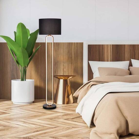 ​Lampadar, realizat din metal, abajur textil cilindric, LED integrat care emite lumina calda, 825 lm, soclu E27, 60 W, baza rotunda decorativa, 1650 x 400 mm, aurie si negru - 3- Roveli