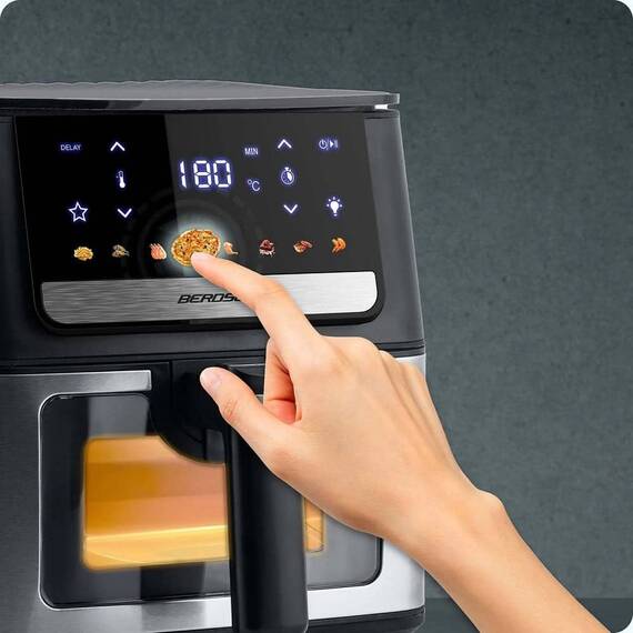​Friteuza cu aer Berdsen, tava de copt din otel inoxidabil, panou tactil intuitiv, reglarea temperaturii pana la 200°C, programe automate pentru diverse feluri de mancare, 6,5 litri, 1700 W - 5- Roveli