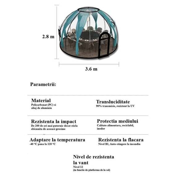 ​Casuta tip cupola DacEnergy©, realizata din policarbonat si aliaj aluminiu alb, banda luminoasa cu LED-uri, sistem de ventilare, plasa insecte, 3,6 x 2,8 m, draperie albastra - 6- Roveli