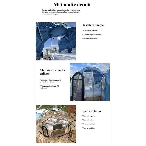 ​Casuta tip cupola DacEnergy©, realizata din policarbonat si aliaj aluminiu negru, banda luminoasa cu LED-uri, sistem de ventilare, plasa insecte, 3,6 x 2,8 m, draperie gri - 7- Roveli
