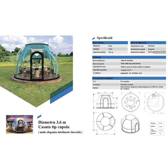 ​Casuta tip cupola DacEnergy©, realizata din policarbonat si aliaj aluminiu negru, banda luminoasa cu LED-uri, sistem de ventilare, plasa insecte, 3,6 x 2,8 m, draperie gri - 8- Roveli