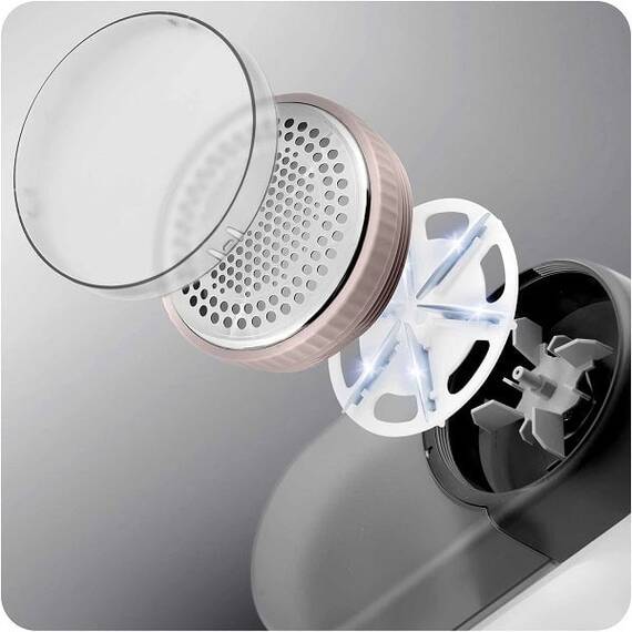 ​Aparat de curatat scame electric, lame din otel inoxidabil, ecran LCD, 3 niveluri de intensitate a puterii, recipient mare de 120 ml, baterie 2000 mAh, roz si alb - 9- Roveli