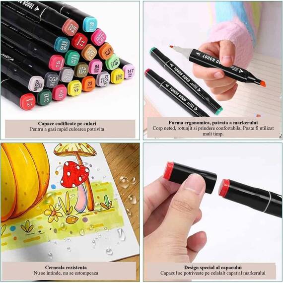 ​Set 60 markere duble DacEnergy©, cerneala pe baza de alcool, cu varf de 1 mm si 6 mm, cu geanta, nuante vibrante, intense, colorate - 9- Roveli