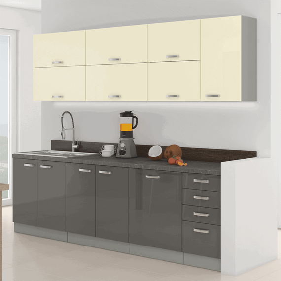 Ansamblul de bucătărie, gri/crem, extra lucios, PRADO - 3- Roveli