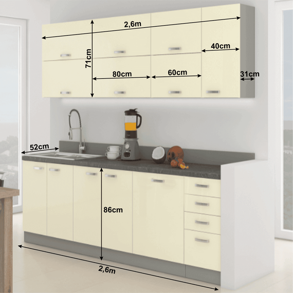 Ansamblul de bucătărie, crem extra lucios/gri, PRADO - 3- Roveli