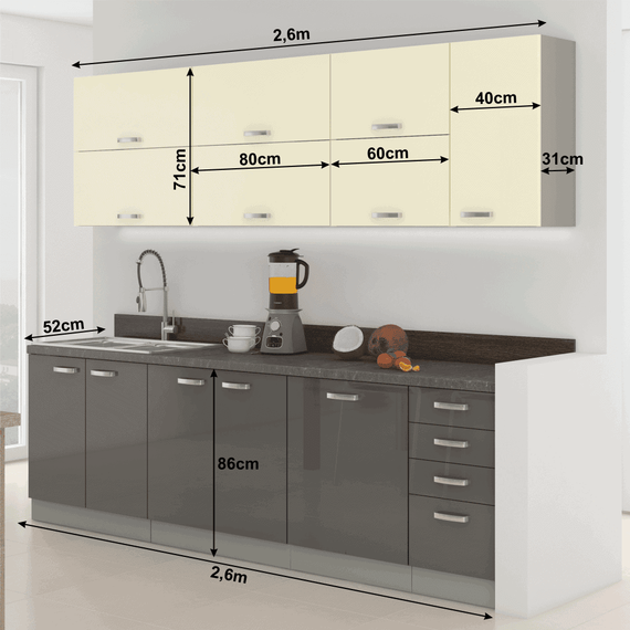 Ansamblul de bucătărie, gri/crem, extra lucios, PRADO - 2- Roveli