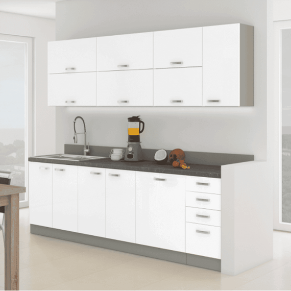 Ansamblu bucătărie, alb extra lucios/gri, PRADO - 3- Roveli