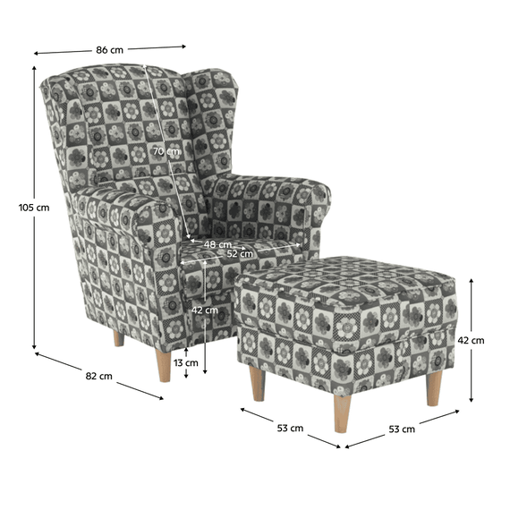 Fotoliu cu taburet, material textil în stilul patchwork N1, ASTRID - 3- Roveli