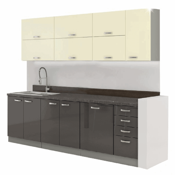 Ansamblul de bucătărie, gri/crem, extra lucios, PRADO - - Roveli