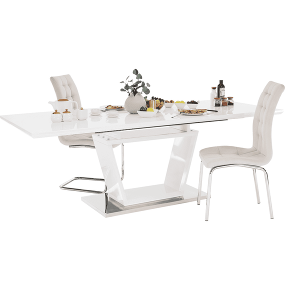 Masă dining, pliabilă, alb luciu extra ridicat / oţel, 160-220x90 cm, PERAK - 12- Roveli