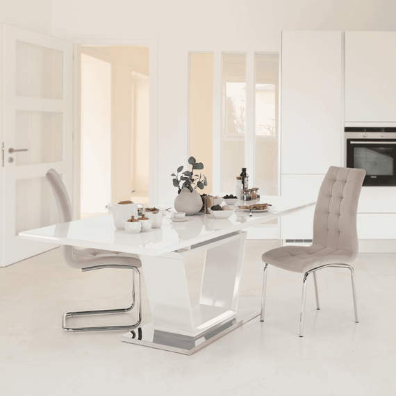 Masă dining, pliabilă, alb luciu extra ridicat / oţel, 160-220x90 cm, PERAK - 2- Roveli