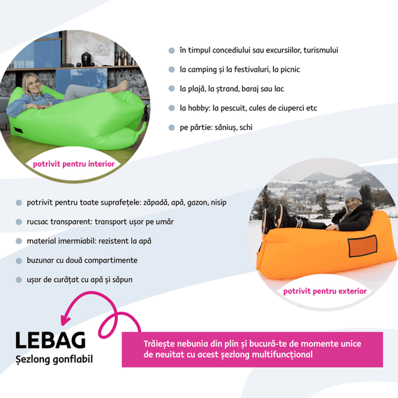 Geantă scaun gonflabilă / geanta leneşă, roz, LEBAG - 13- Roveli