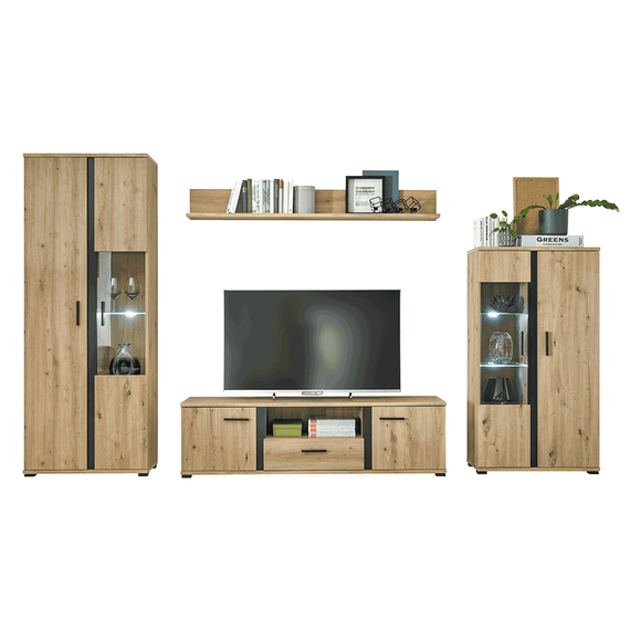 Perete living, stejar artizan / negru, KANODE - 5- Roveli