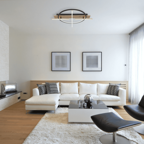 Plafoniera LED, carcasa din metal, panou din fibra de lemn si tije din aluminiu, 44 W, 1800 lm, lumina calda, 700 x 600 x 115 mm, IP20, functie de memorie, negru mat si auriu - 3- Roveli