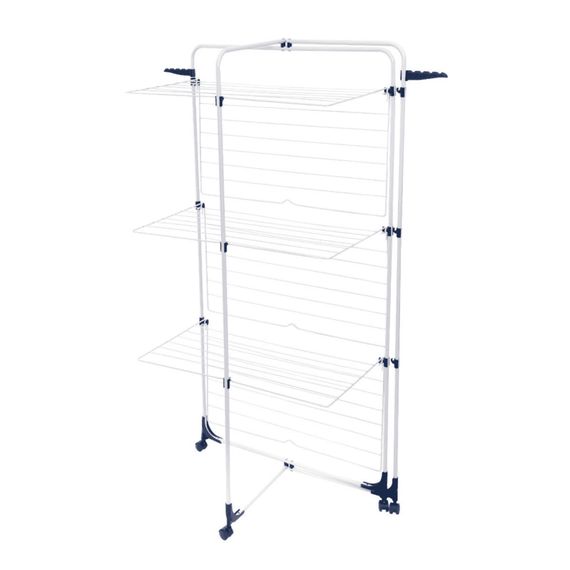 Uscator de rufe vertical DacEnergy©, structura solida din otel si plastic, 3 nivele de uscare, 2 suporti pentru cate 4 umerase, 4 roti, 650 x 710 x 1360 mm, alb si albastru - - Roveli