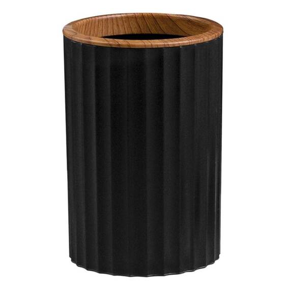 Set accesorii baie, realizat din plastic, cos gunoi, perie WC, dozator sapun lichid, pahar baie pentru igiena personala si sapuniera, culoarea negru si lemn - 3- Roveli