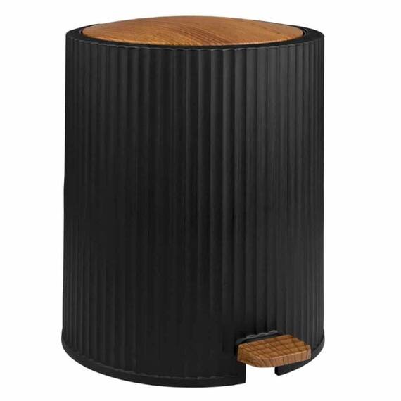 Set accesorii baie, realizat din plastic, cos gunoi, perie WC, dozator sapun lichid, pahar baie pentru igiena personala si sapuniera, culoarea negru si lemn - 4- Roveli