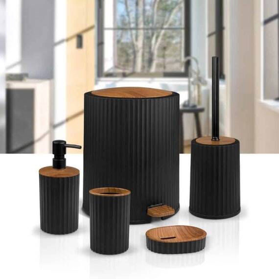 Set accesorii baie, realizat din plastic, cos gunoi, perie WC, dozator sapun lichid, pahar baie pentru igiena personala si sapuniera, culoarea negru si lemn - 5- Roveli