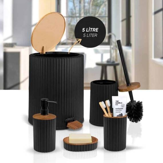 Set accesorii baie, realizat din plastic, cos gunoi, perie WC, dozator sapun lichid, pahar baie pentru igiena personala si sapuniera, culoarea negru si lemn - 6- Roveli