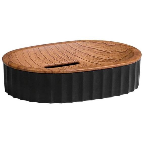 Set accesorii baie, realizat din plastic, cos gunoi, perie WC, dozator sapun lichid, pahar baie pentru igiena personala si sapuniera, culoarea negru si lemn - 7- Roveli