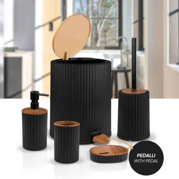Set accesorii baie, realizat din plastic, cos gunoi, perie WC, dozator sapun lichid, pahar baie pentru igiena personala si sapuniera, culoarea negru si lemn - 8- Roveli