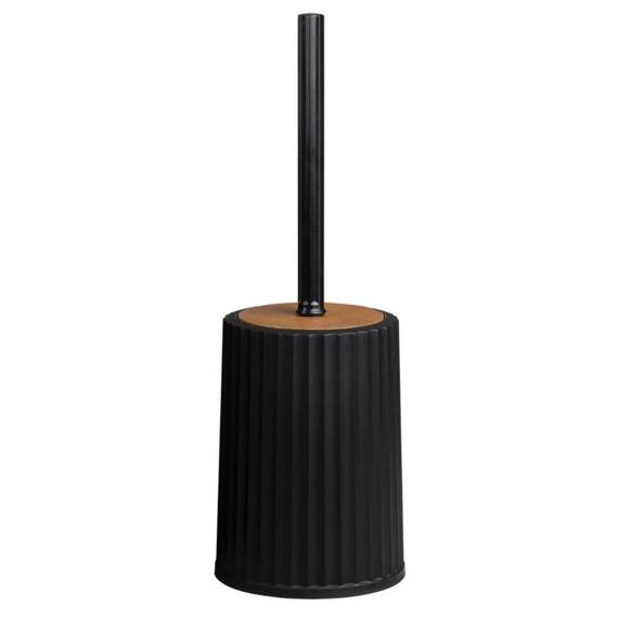 Set accesorii baie, realizat din plastic, cos gunoi, perie WC, dozator sapun lichid, pahar baie pentru igiena personala si sapuniera, culoarea negru si lemn - 9- Roveli