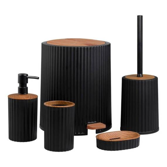 Set accesorii baie, realizat din plastic, cos gunoi, perie WC, dozator sapun lichid, pahar baie pentru igiena personala si sapuniera, culoarea negru si lemn - - Roveli
