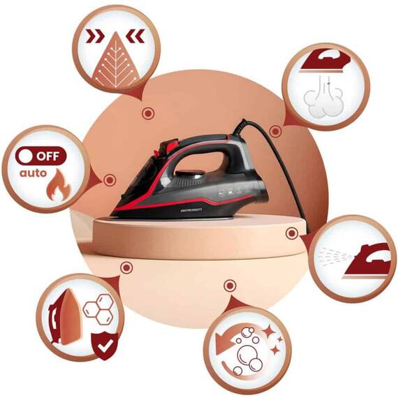 Fier de calcat cu abur, talpa ceramica, oprire automata, autocuratare, protectie la supraincalzire, rezervor de apa de 230 ml, abur vertical, reglare a temperaturii, 2600 W, gri si rosu - 5- Roveli