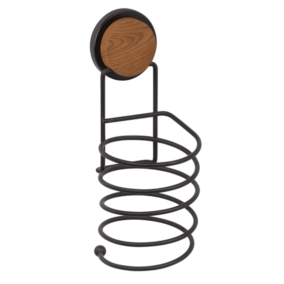 Set accesorii baie, fabricat din ABS si otel, cuier baie, sapuniera, suport pentru prosop, pentru uscator de par, pentru hartie igienica, pahar baie, finisaj negru si lemn - 7- Roveli