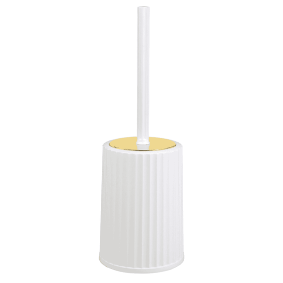 Set accesorii baie, realizat din plastic, cos gunoi, perie WC, dozator sapun lichid, pahar baie pentru igiena personala si sapuniera, culoarea alb si auriu - 2- Roveli