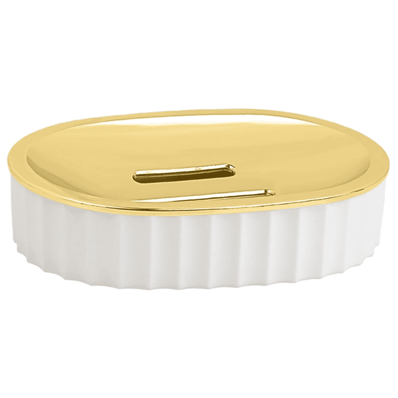 Set accesorii baie, realizat din plastic, cos gunoi, perie WC, dozator sapun lichid, pahar baie pentru igiena personala si sapuniera, culoarea alb si auriu - 5- Roveli