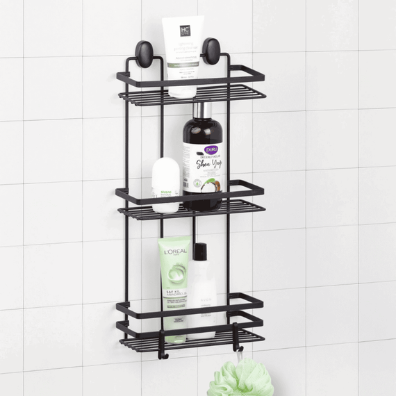 Etajera baie, din otel, design modern, montaj pe perete, cu suruburi, 3 rafturi, 30 x 13 x 52 cm, negru - 2- Roveli