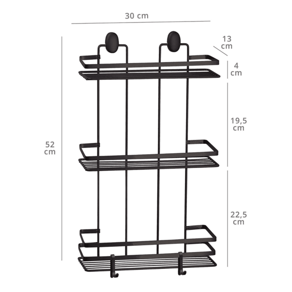 Etajera baie, din otel, design modern, montaj pe perete, cu suruburi, 3 rafturi, 30 x 13 x 52 cm, negru - 3- Roveli