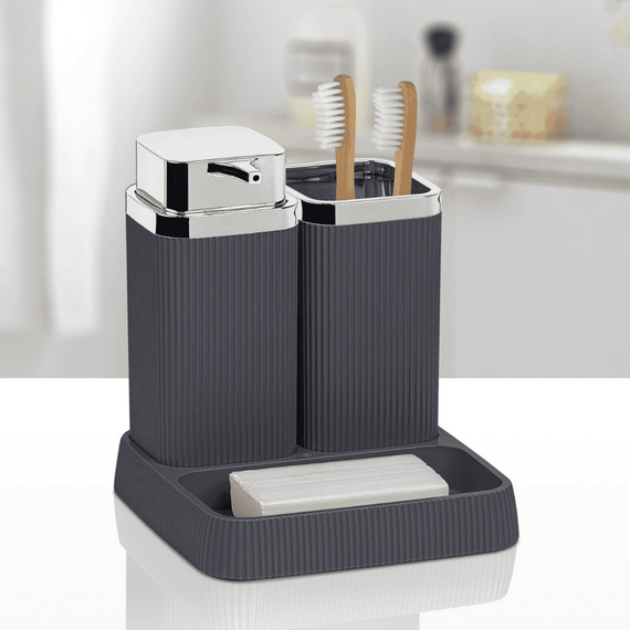 Set accesorii baie, realizat din materiale calitative, ABS si polistiren, dozator sapun, pahar baie, savoniera, finisaj antracit si cromat - 2- Roveli