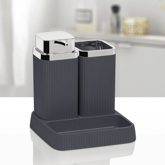 Set accesorii baie, realizat din materiale calitative, ABS si polistiren, dozator sapun, pahar baie, savoniera, finisaj antracit si cromat - 3- Roveli