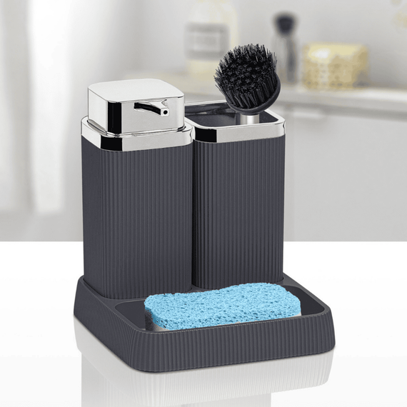 Set accesorii baie, realizat din materiale calitative, ABS si polistiren, dozator sapun, pahar baie, savoniera, finisaj antracit si cromat - 4- Roveli