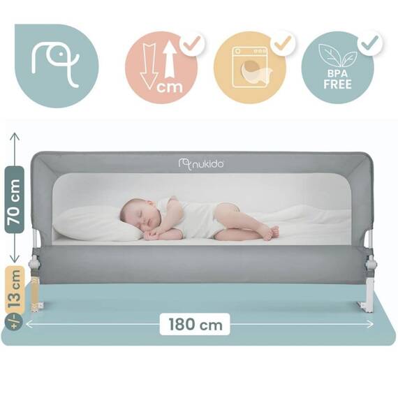 Bariera de protectie pat copii, cadru durabil din otel, plasa durabila si respirabila, 100% poliester, sistem de blocare, husa lavabila, 180 x 70-83 cm, gri - 4- Roveli