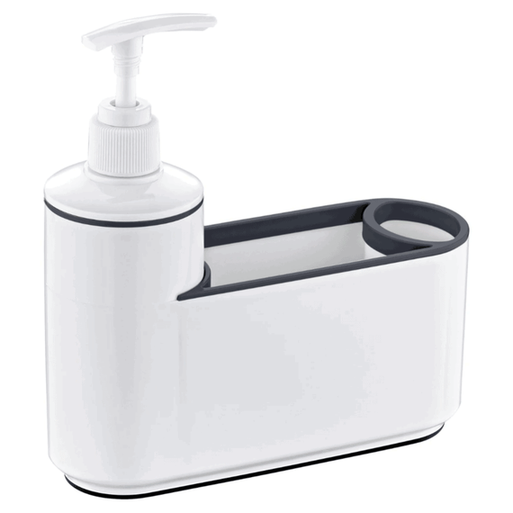 Set accesorii baie, fabricat din polistiren, dozator pentru sapun lichid si organizator, 0.2 L, 18 x 17.5 x 6 cm, alb - - Roveli