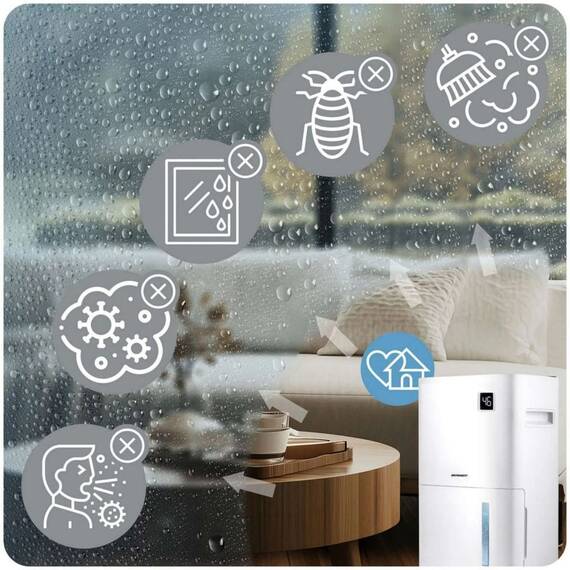 Dezumidificator, cu compresor, afisaj, panou de control tactil, higrostat, filtru de particule, cronometru de 24 de ore, dezumidificare, dezumidificare continua, uscare rufe, Wi-Fi, 140 m³/h, 20 l/24 h - 3- Roveli