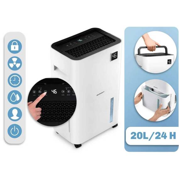 Dezumidificator, cu compresor, afisaj, panou de control tactil, higrostat, filtru de particule, cronometru de 24 de ore, dezumidificare, dezumidificare continua, uscare rufe, Wi-Fi, 140 m³/h, 20 l/24 h - 4- Roveli