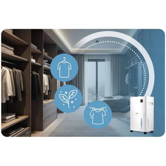 Dezumidificator, cu compresor, afisaj, panou de control tactil, higrostat, filtru de particule, cronometru de 24 de ore, dezumidificare, dezumidificare continua, uscare rufe, Wi-Fi, 140 m³/h, 20 l/24 h - 5- Roveli