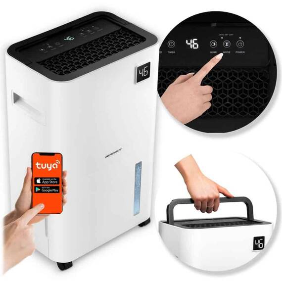 Dezumidificator, cu compresor, afisaj, panou de control tactil, higrostat, filtru de particule, cronometru de 24 de ore, dezumidificare, dezumidificare continua, uscare rufe, Wi-Fi, 140 m³/h, 20 l/24 h - - Roveli