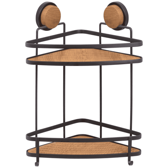 Etajera baie, din ABS si otel, 2 rafturi, montaj pe colt, 20.5 x 20.5 x 36.5 cm, lemn si negru - - Roveli