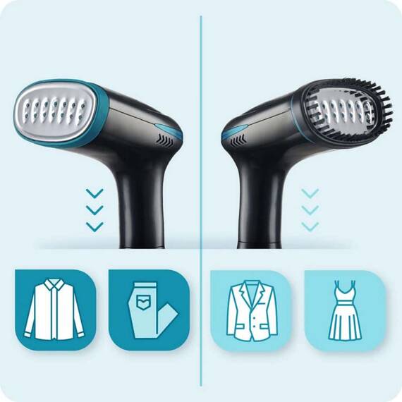 Aparat de calcat vertical cu abur, jet puternic de abur de 32 g/min, recipient 280 ml, atasament pentru perie, buton iluminat, 1500 W, 220 - 240 V, negru si albastru - 3- Roveli