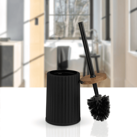 Perie WC, polipropilena si ABS, montaj stativ, design modern, 11.9 x 11.9 x 34 cm, negru si lemn - 3- Roveli